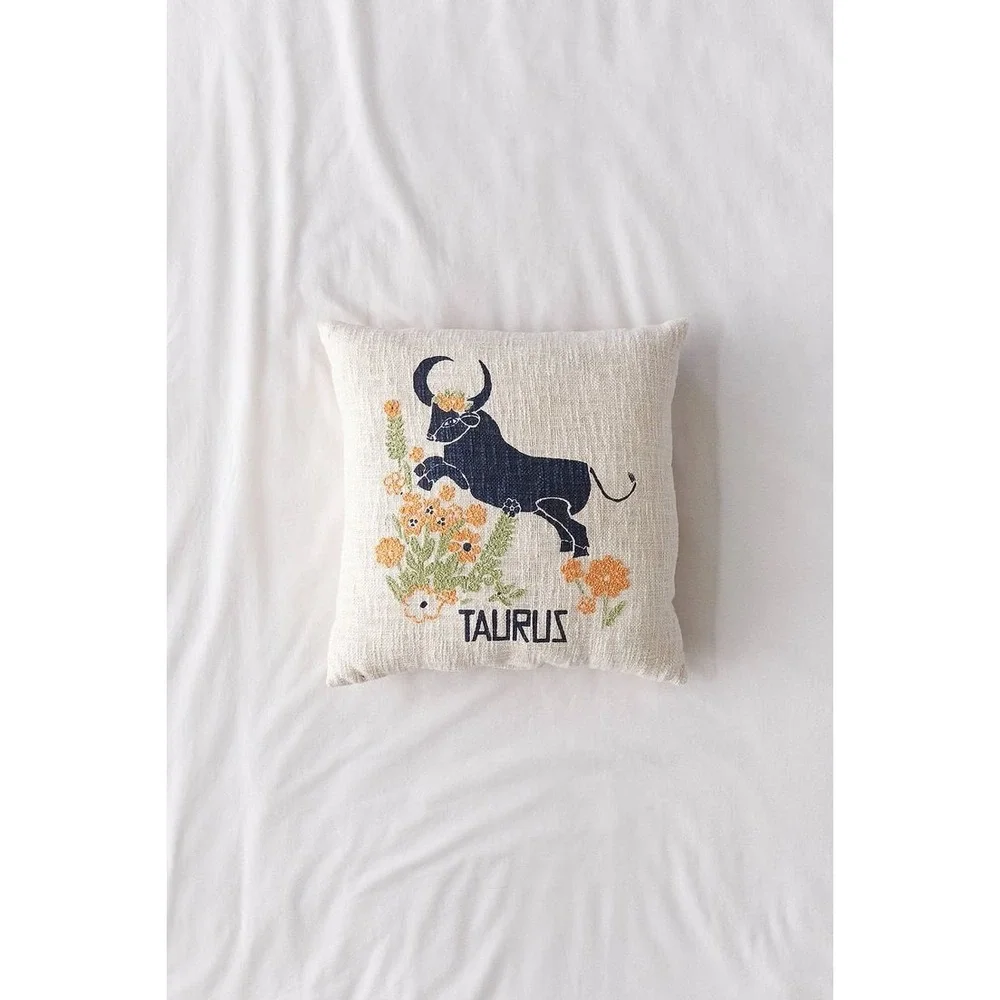 Urban Outfitters Taurus Embroidered Pillow Zodiac Bull Floral Cotton Cushion